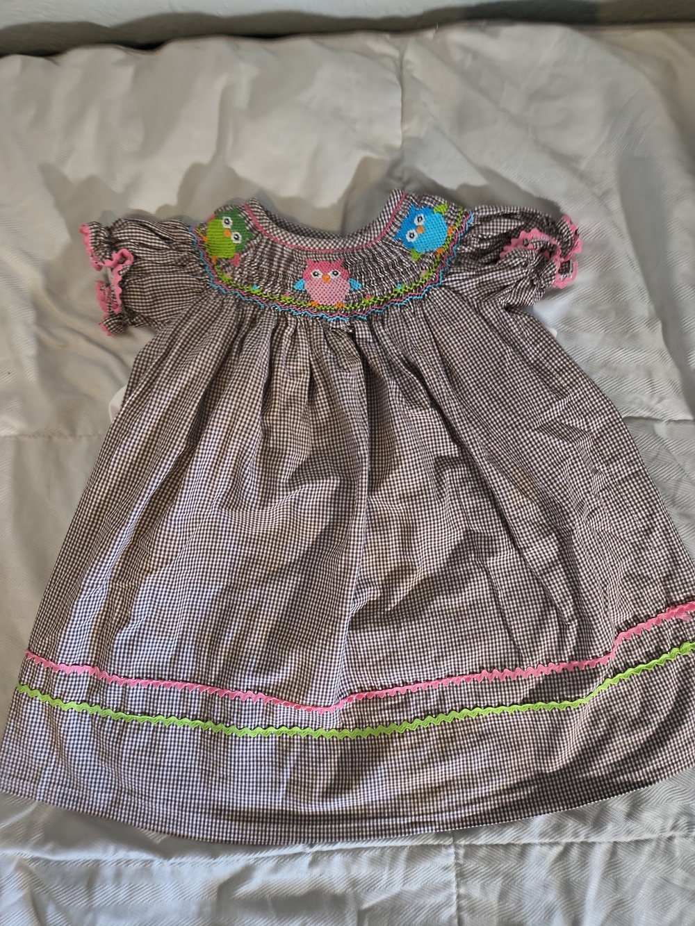 Brown Gingham Girls Dress with Pink & Green Owl Smocking